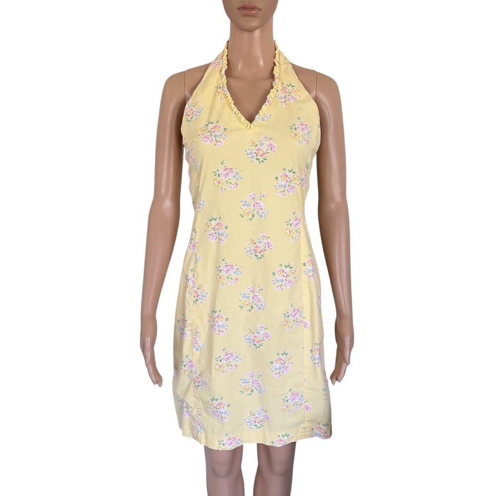 Vintage Ralph Lauren Butter Yellow Floral Swiss Dot Halter Dress Ruffle Cottage
